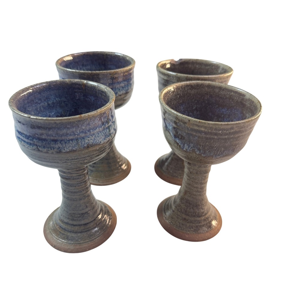 Vintage Studio Pottery Stoneware Goblets Blue Drip Glaze Signed Artist Set of 4
